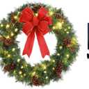 Solar Christmas Wreath Pre-Lit Solar 70 Led Artificial Wreath Outdoor Front Door Window Christmas Decorations with Frosted Branches Pine Cones Berry Clusters Red Velvet Bows 30 Inch