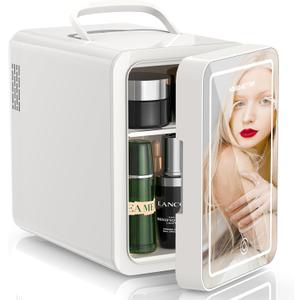 KEENSTAR Mini Skincare Fridge (6L/8 Can) with Dimmable LED Mirror, Cooler & Warmer for Bedroom, Cosmetics, Office, Dorm and Car, Portable Personal Refrigerator for Cosmetics, Skincare and Food, White