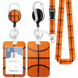 ID Badge Holder with Lanyard Basketball Closeup Retractable Badge Reel Carabiner Clip Lanyard Name Card Vertical ID Protector, ID Card Holder Keychain Name Badge Clip for Women Men