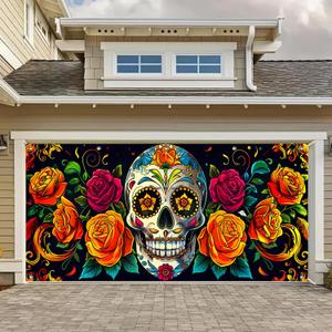 13x6ft Da de Los Muertos Garage Door Cover Banner Colorful Sugar Skull Marigold Floral Papel Picado Hanging Backdrop Outdoor Indoor Party Photo Background Decor