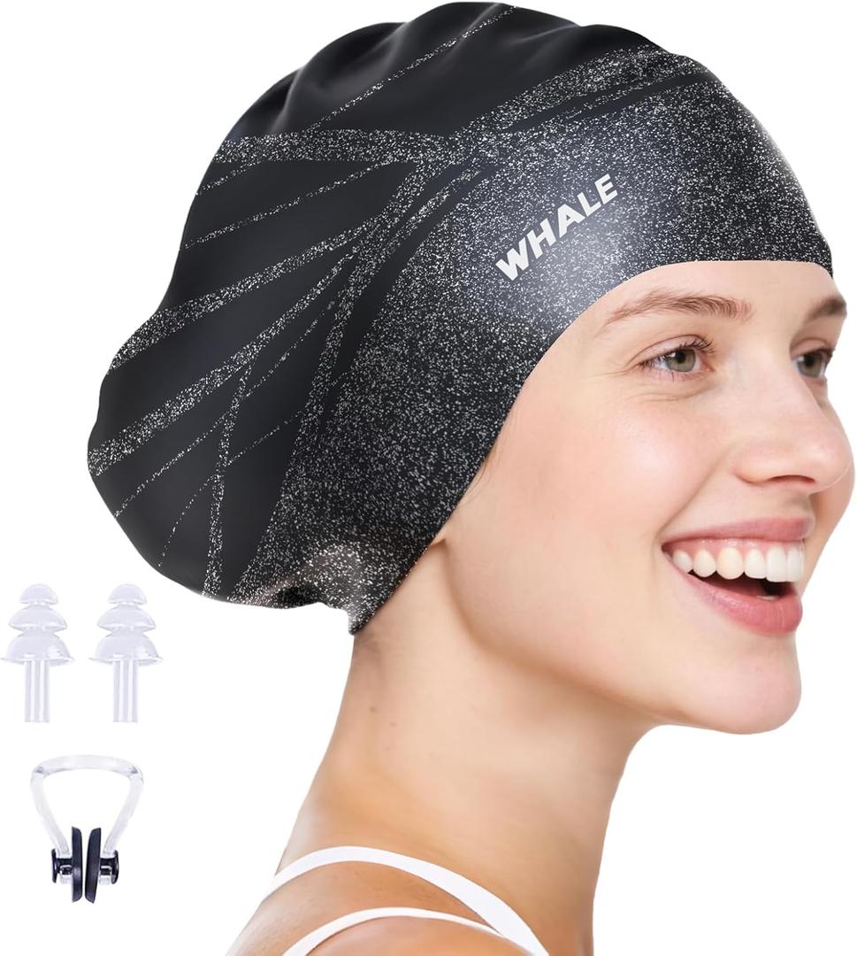 WHALE Extra Large Swim Cap Designed for Men and Women with Thick, Long Hair, Hair Extensions Or Afro-Textured Hair Long-Hair Swim Cap Highly Waterproof to Keep Hair Dry (Black)