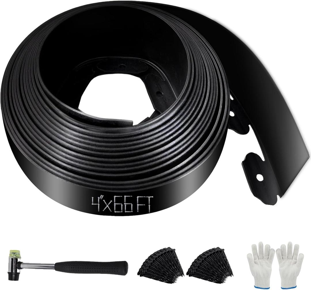 No Dig Landscape Edging 66FT, 4 Inch Plastic Edging for Landscaping with 200 Spikes, for Garden, Lawn, Flower Beds and Yard, Black