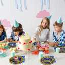 96 Pcs Cartoon Blue With Gold Ring 5th Birthday Party Supplies Gold Ring Birthday Party Plates Disposable Cartoon Theme Paper Tableware Set for 5 Years Old, Serves 24