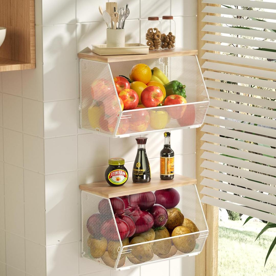 2 Tier Fruit Basket for Kitchen Counter, Stackable Onion and Potato Storage Basket, Wall Mounted Wire Basket with Wood Lid, Hanging Kitchen Storage Vegetable Organizer, 11.8 x 7.1 x 8.6 Inch (White)