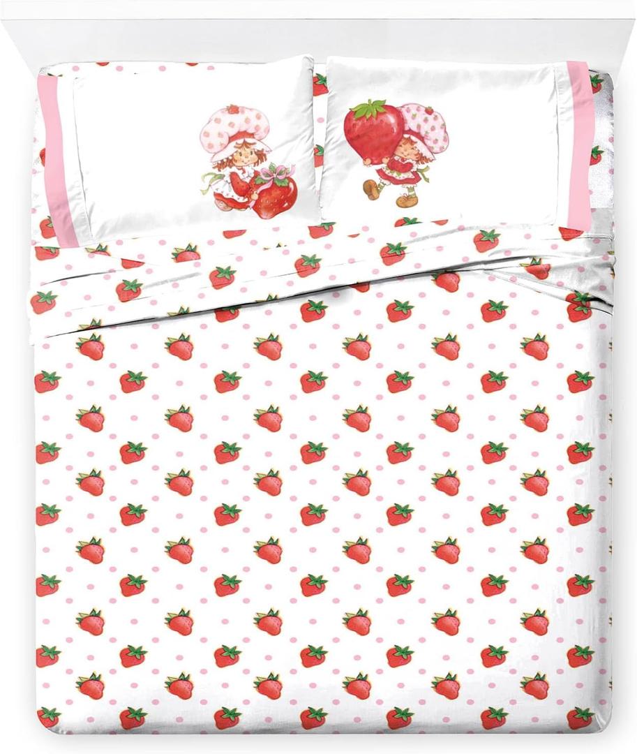 Jay Franco Kids Sheet Set with Fitted, Flat Sheets & Pillow Cover - Ultra-Soft Bedding with Pillowcase for Room Decor, White - Strawberry Shortcake, 4 Piece Full