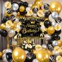80 PCS Black Golden Happy Birthday Party Balloons Decorations Set with Photo Background Backdrop Banner Cloth 3PCS 18in. Metal Gold Balloon Black Gold Happy Bday Party Supplies for Men Women