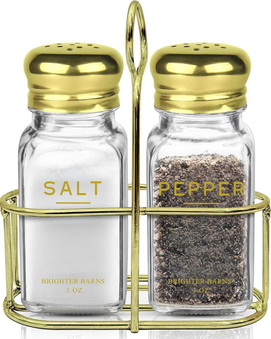 Gold Salt and Pepper Shakers Set with Holder by Brighter Barns - Luxury Kitchen Decor & Accessories - Modern Glass Shakers with Stand & Stainless Steel Lids for Neutral Home, Restaurants (Clear/Gold) Gold Salt and Pepper Shakers Set with Holder by Brighter Barns - Luxury Kitchen Decor & Accessories - Modern Glass Shakers with Stand & Stainless Steel Lids for Neutral Home, Restaurants (Clear/Gold)