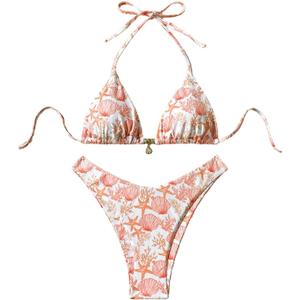 MakeMeChic Women's Halter Triangle Thong Bikini Sets High Cut Swimsuit Bathing Suit Swimwear (Orange White)