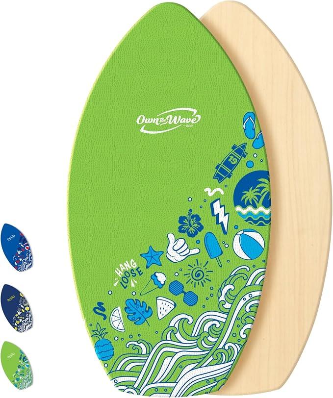 Own the Wave New Zealand Hang Loose Skimboard with Colored EVA Grip Pad and High Gloss Clear Coat Wooden Skim Boards for Kids and Adults | Choose from 2 Sizes and Traction Pad Color (35 Inch, Blue)