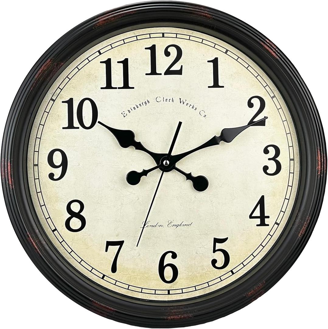 Round Classic Wall Clock Silent Non Ticking 16 Inch Extra Large Quality Quartz Vintage Clock, Rome Retro Decorate Clock Battery Operated, Easy to Read for Home Kitchen Living (Red-brown)