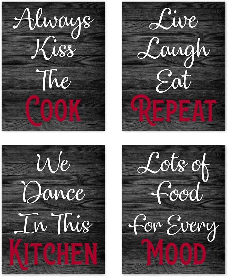 Retro Vintage Inspirational Rules Wall Art for Dining Room Kitchen Cafe and Restaurant Decor Red Black and White Prints Posters Signs Sets Home Decorations Funny Sayings Quotes We Dance in This Kitchen Unframed (Set of 4) 8”x10”