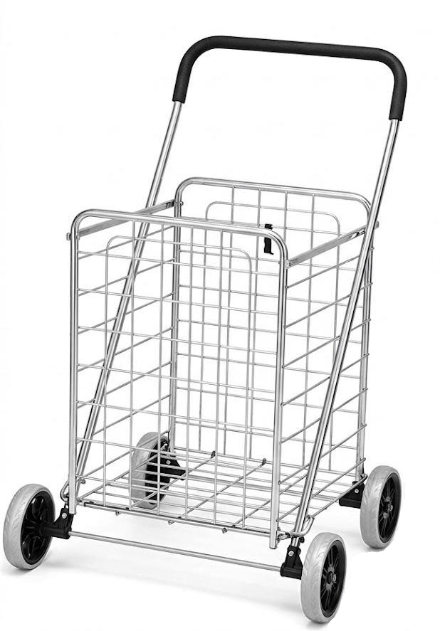Shopping Cart Grocery Rolling Folding Basket on Wheels Foldable Utility Trolley Compact Lightweight Collapsible 2 Wheel Silver