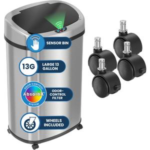 iTouchless 13 Gallon Sensor Trash Can on Wheels with Odor Filter, 50 Liter Automatic Kitchen Garbage Bin, Oval Fingerprint-Proof Stainless Steel, Hands-Free Motion Lid, Brushed Silver