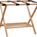 Household Essentials Fully Assembled Folding Luggage Rack with Lower Storage Shelf | Bamboo Frame with Black Straps