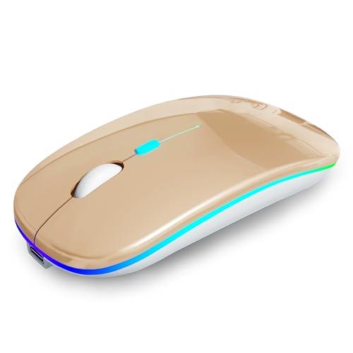 AIKOKOK Wireless Bluetooth Mouse - Rechargeable Laptop Mice - with LED Lights,Dual Mode(Bluetooth 5.2 & Portable USB 2.4G) Connection,Silent - Computer Mouse for Laptop,iPad,Tablet,MacBook,& PC(Gold)