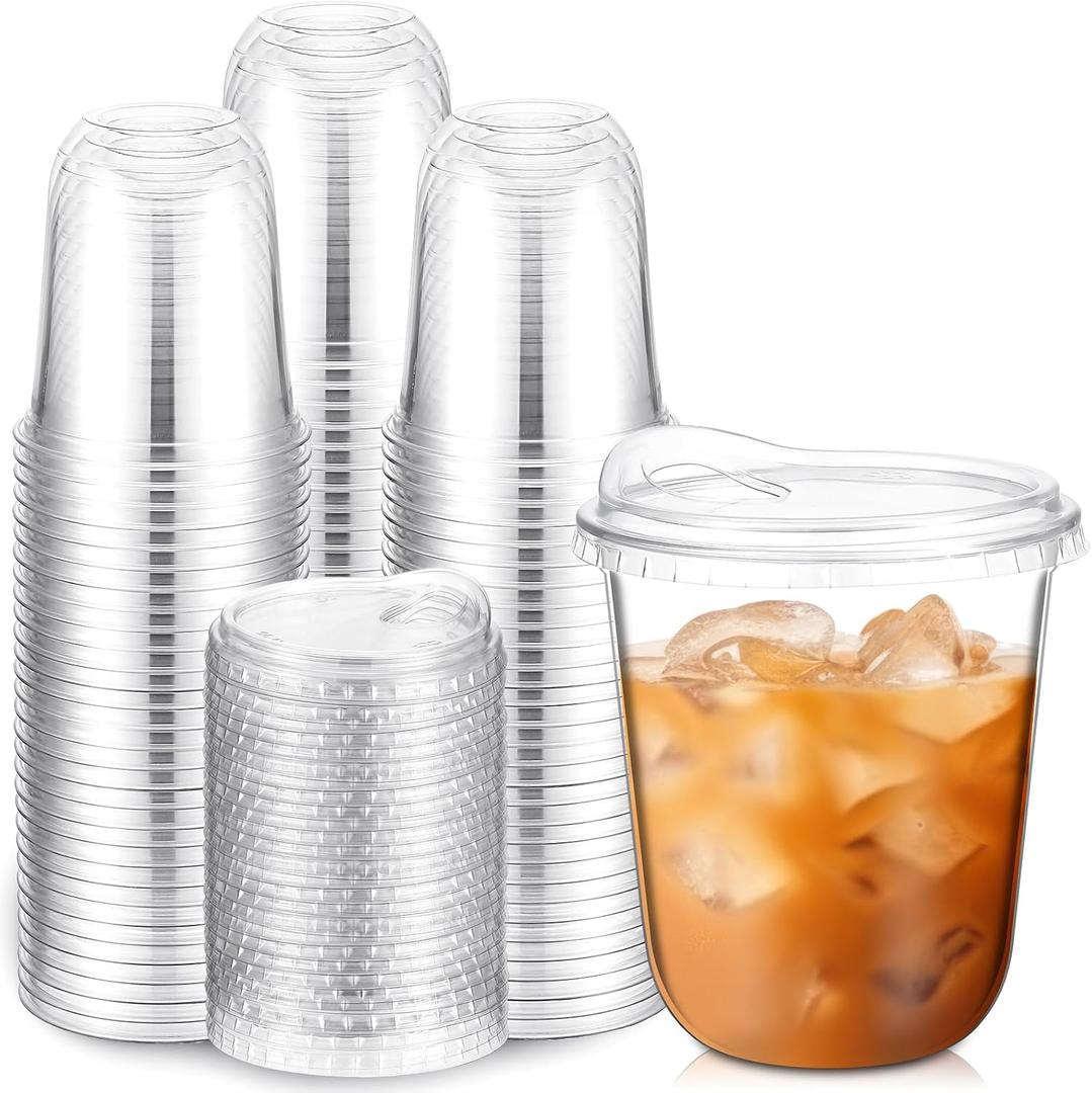 Baderke 100 Pcs Clear Plastic Cups with Strawless Sip Lids Disposable Togo Cups Round Bottom Cups with Lids for Coffee Smoothie Cold Beverage Coffee Shops and Party Catering (12 oz)