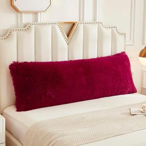 WERDIM Shaggy Fluffy Faux Fur Body Pillow Cover 21"x54" Button Closure Velvet Pillow Shams Throw Body Pillowcase Long Decorative Bed Pillow Case(Burgundy, 21 X 54 Inches)
