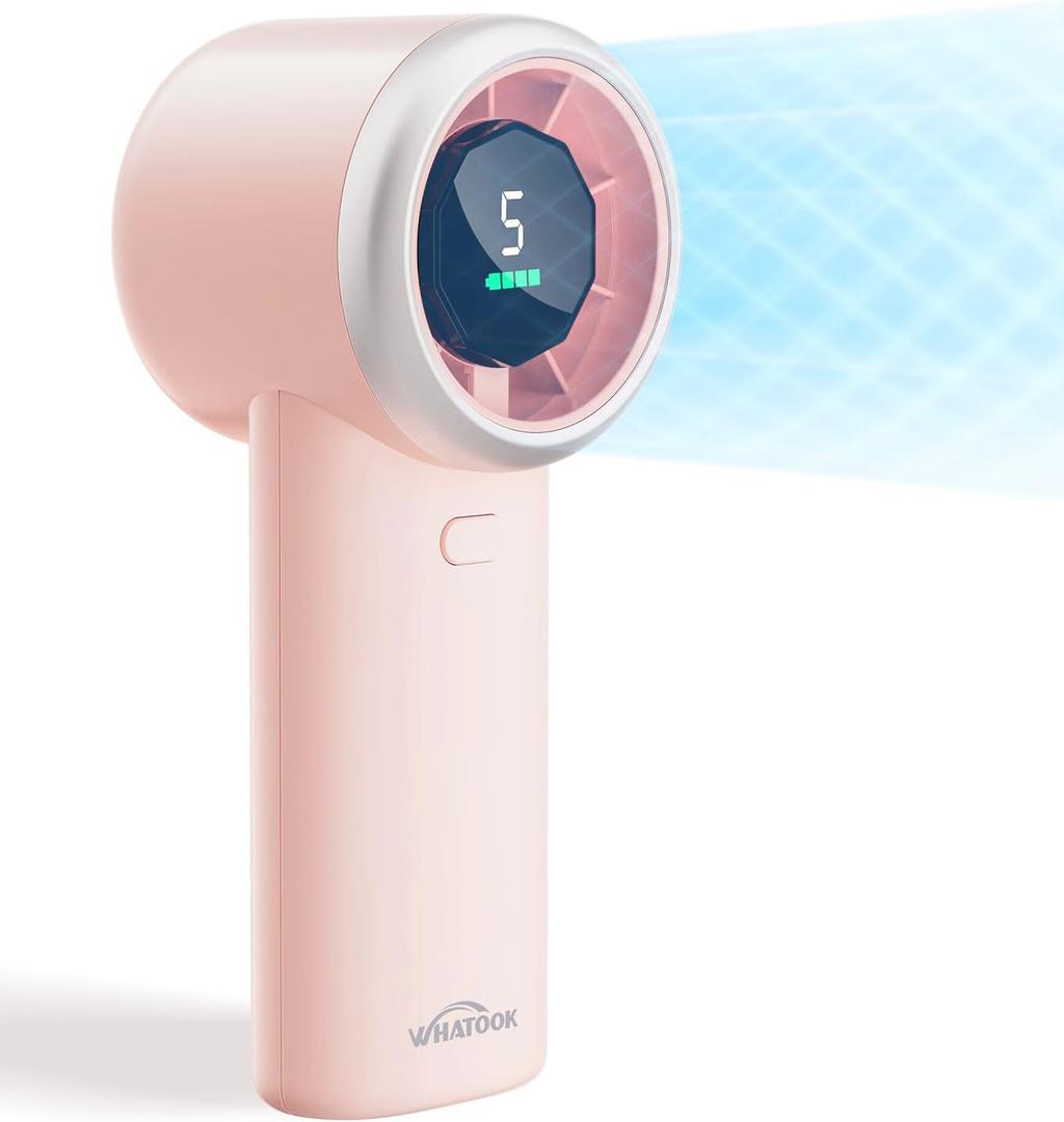 WHATOOK Portable Handheld Turbo Fan, 5 Speeds Mini Personal Fan with 4000mAh Rechargeable Battery, Small Pocket Fan for Travel Essentials, Beach, Office, Gifts for Women Men - Light pink