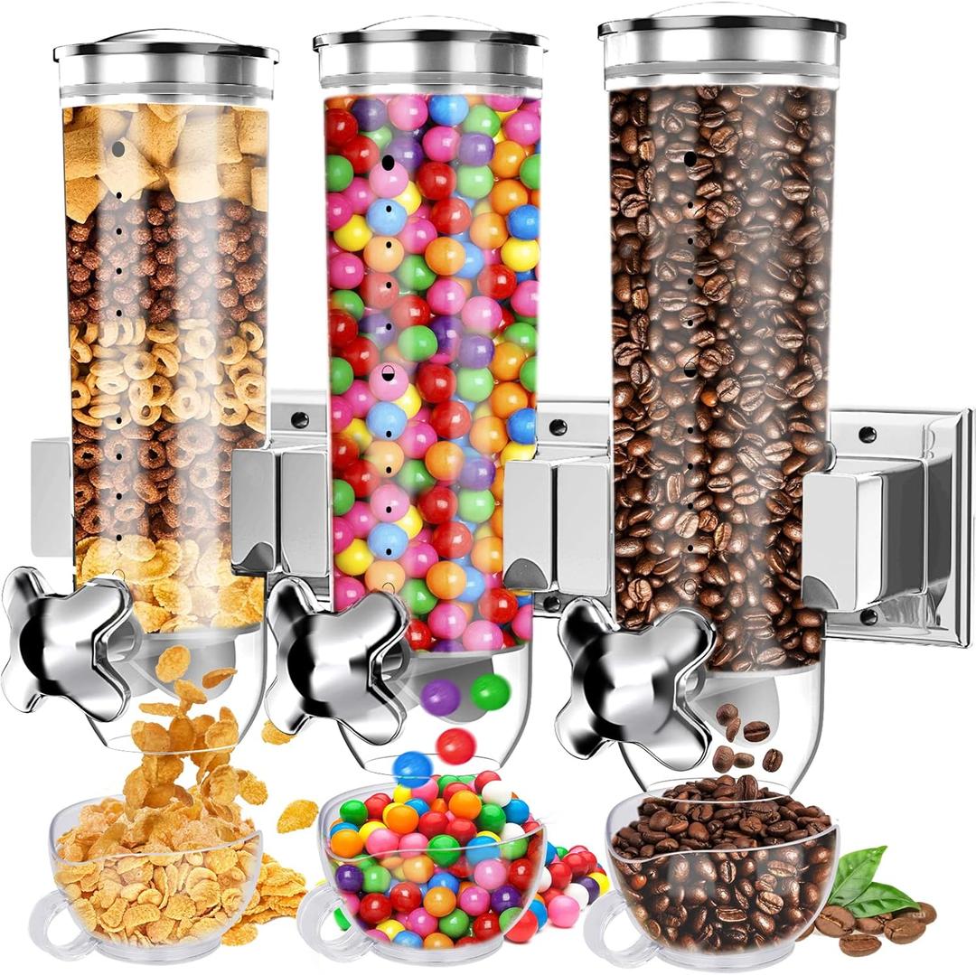 Food Dispenser Wall Mounted Grain Dispenser, Cereal Dispenser with Cup, Dry Food Dispenser Wall Mounted Triple Cereal Dispenser, Candy Dispenser Grain Dispenser for Kitchen Store Nut Coffee Beans 4.5L (Silver)