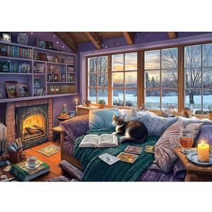 Read Room Puzzles for Adults 500 Pieces Book Jigsaw Puzzles for Adults Puzzles 500 Pieces Winter Reading Nook Scene Challenging Family Puzzle for Seniors Women Men Size is (21"x15")