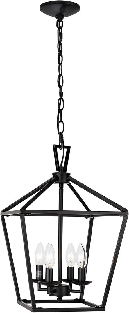 Untrammelife 4-Light Black Lantern Pendant Light, Adjustable Height Square Cage Pendant Hanging Lighting Fixture 11W Rustic Lantern Chandelier for Dining Room Kitchen Island Foyer