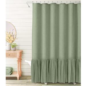 Awellife Sage Green Farmhouse Shower Curtain with A Ruffle Hem Linen Blend Shower Curtain for Bathroom Nature (72"W x 72"L)