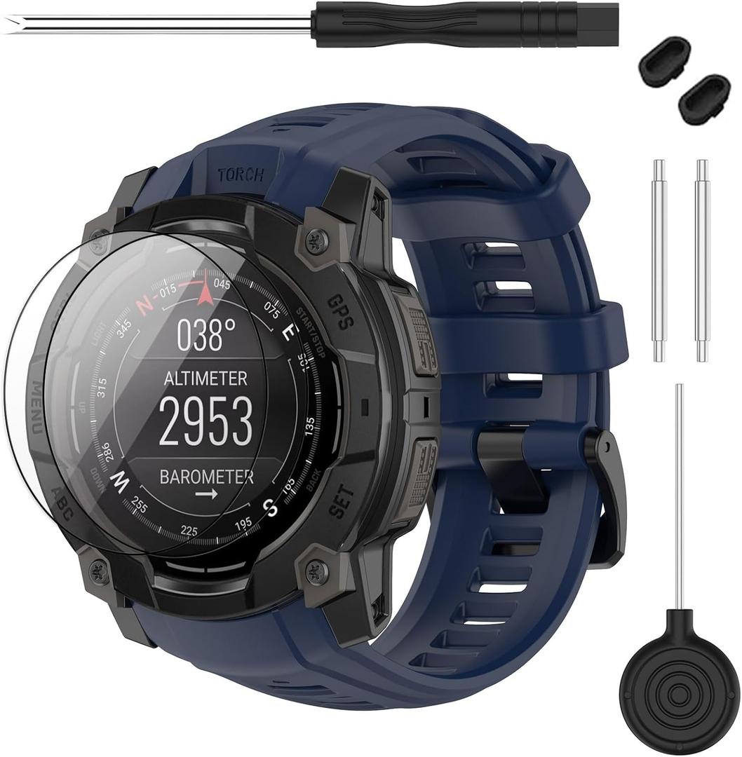 TopPerfekt Band Compatible with Garmin Instinct 3 45mm, Soft Silicone Replacement Watch Band 22mm Width Strap and 2 Pack Screen Protectors for Instinct 3 Smart Watch for Women Men (Navy Blue)