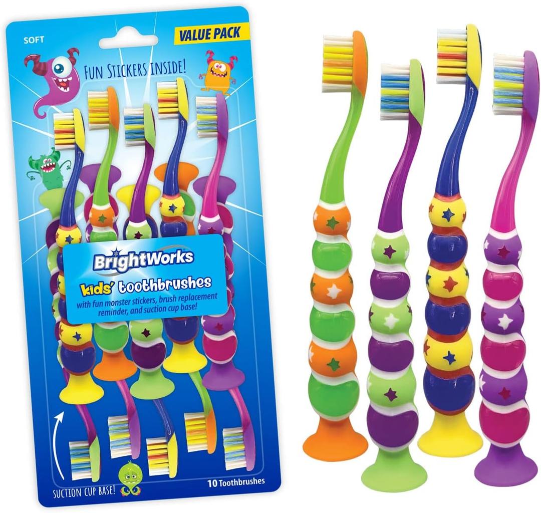 BrightWorks Kids Suction Cup Toothbrushes (10-Pack), Soft Bristles, with Bonus Fun Monster Stickers. Childrens Size, Vibrant, Multiple Colors