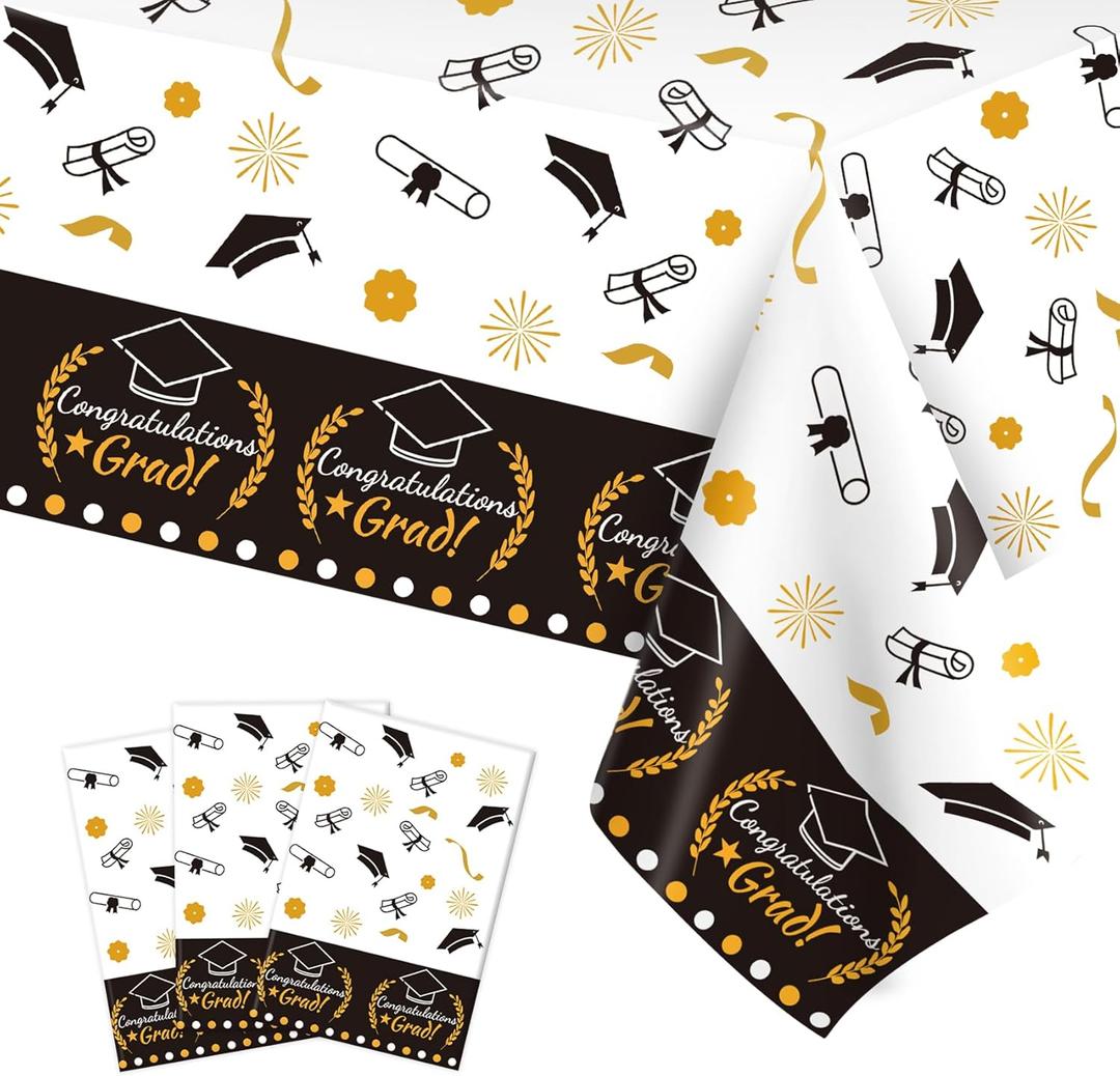 Graduation Decorations 2026, 3 Pack Black Gold Plastic Graduation Tablecloths Disposable, Grad Table Party Decorations Class of 2026 Grad Table Cloths Covers Decor Party Supplies Favors Ideas