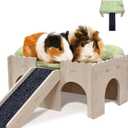 Wooden Guinea Pig Hideout with Ramp, 4 Entrances, with Soft Pad, 9mm Wood for Guinea Pig House Bunny Hideout