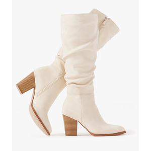 Putu Women's Pointed Toe Knee High Boots Faux Suede Slouch Boots with Chunky Heel