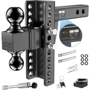 Adjustable Trailer Hitch - Drop Hitch (Fits 2-Inch Receiver) - Heavy Duty Tow Hitch with 8" Rise/Drop, 2" & 2-5/16" Dual Ball Hitches for Truck (21,500 LBS GTW) - w/Anti-Theft Hitch Lock Pins