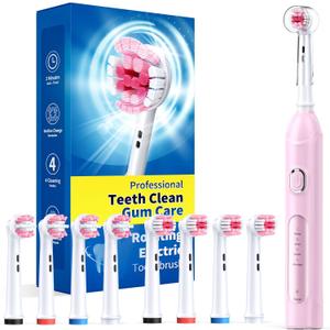 TEETHEORY Rotating Electric Toothbrush for Adults with 8 Brush Heads (2 Types), 4 Modes Deep Clean Electric Toothbrush with Rechargeable Power and 2 Min Smart Timer (2- Cherryblompink, p1)