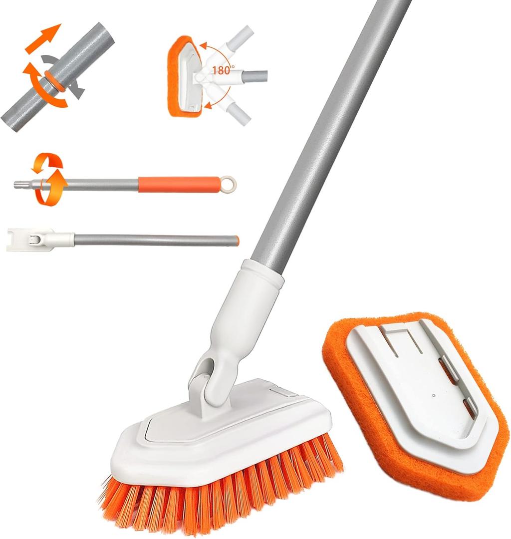 Shower Scrubber for Cleaning with Long Handle - Dolanx 2 in 1 Tub and Tile Scrub Brush with 1 Scouring Pads and 1 Stiff Bristle Brush for Bathtub, Bathroom, Wall, Floor, Baseboard