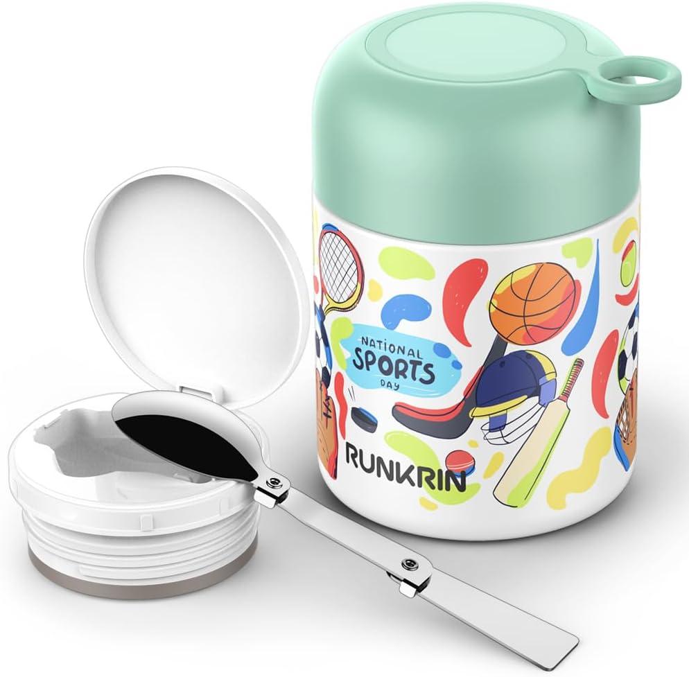 Insulated Food Jar for Hot Food, Runkrin 16oz Thermos Vacuum Double Wall Lunch Container with Spoon, Leak Proof Stainless Steel Thermal Bento Box for Kids Boys Girls Adults