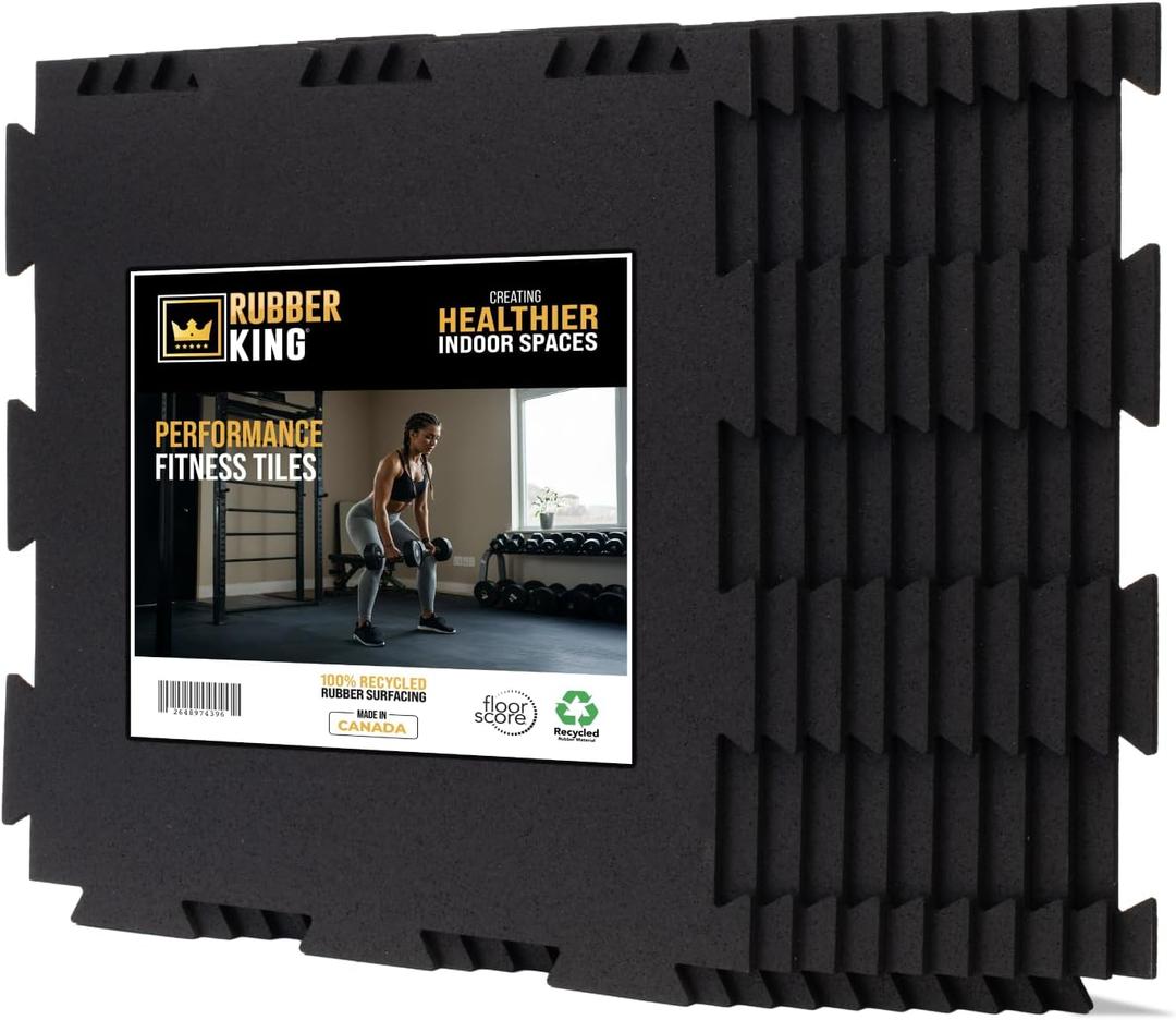 Rubber King 10 Piece Interlocking Tiles 19" x 19" x 6mm - 100% Recycled Rubber Gym Floor Tiles, Exercise Mat for Home Gym, Anti-Slip Low-Odor Interlocking Puzzle Floor Tiles - 23.5sq ft (Black)