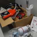 12V DC 12GPM Fuel Transfer Pump with Automatic Nozzle & Hose Kit for Gasoline Diesel Red with Particulate Filter