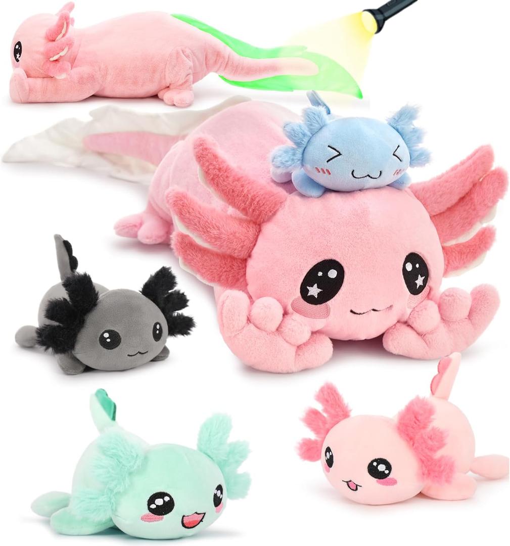 MaoGoLan 5 Pcs Axolotl Plush with 4 Babies Inside Belly, Glow in The Dark Stuffed Animals Pink Axolotl Toys Cute Kawaii Stuffy Salamander Pillow for Girls Kids Gift Valentine's Day Christmas