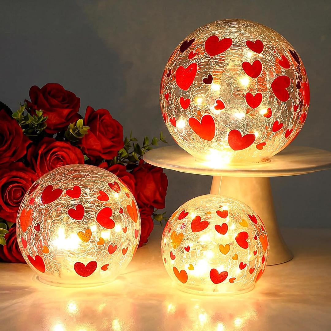 Rossesay 3 Pcs Valentine Lighted Decorative Glass Ball 3.9/4.7/5.9 Inch Heart Crackle LED Lights for Garden Red Pink Table Globe LED Lamp Battery Operated for Outdoor Indoor Party Decoration Gift (Cute)
