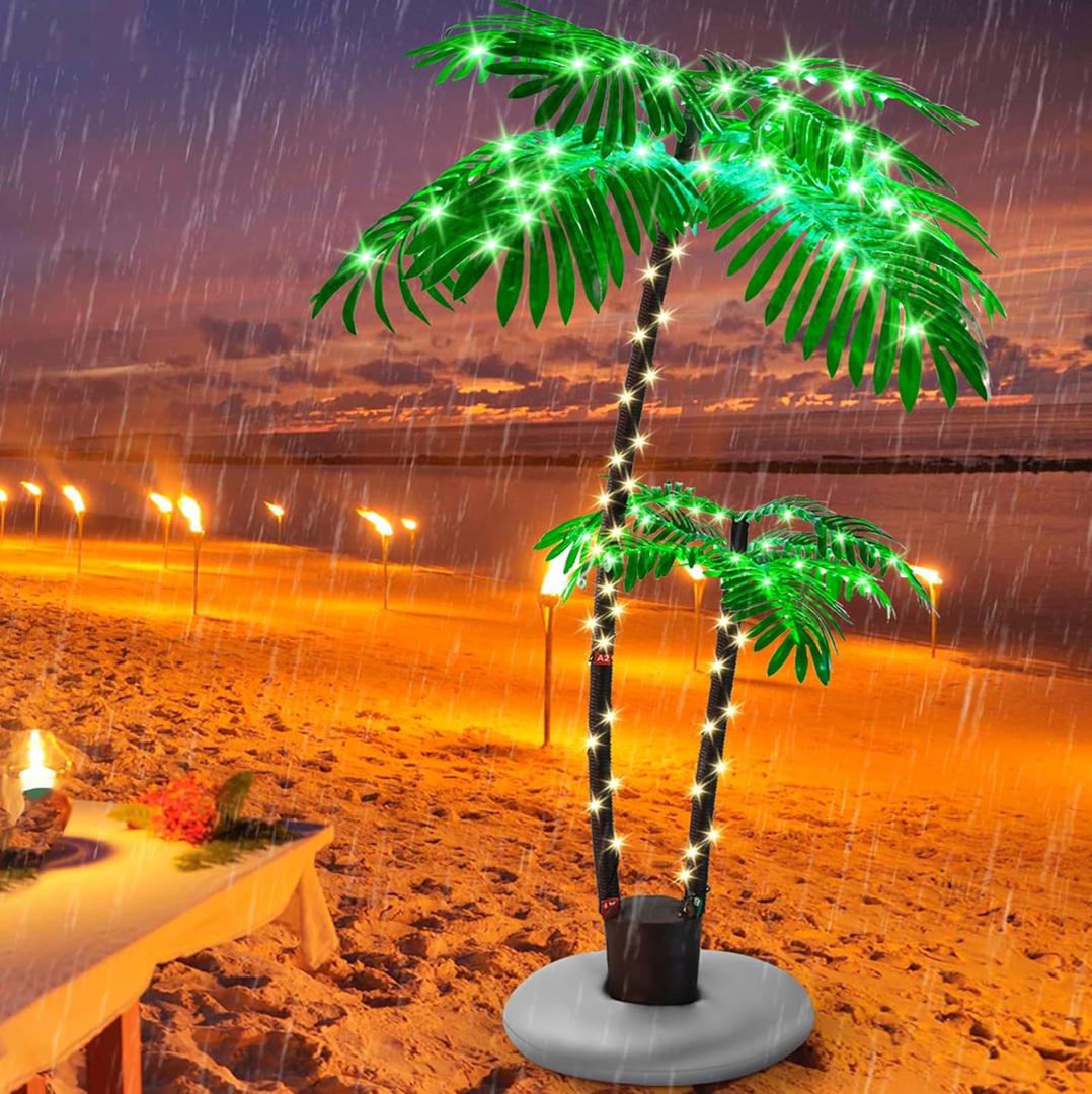 Artificial Lighted Palm Tree, Palm Trees for Outside Patio for Home Decor Outdoor, Christmas, Hawaiian, Jungle, Home Party, Pool, Beach, Patio Decor (5FT, 2-Trunk)