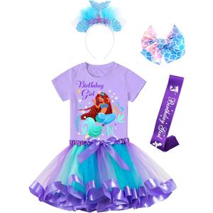 Doctor Unicorn Birthday Girls Mermaid Outfit Set Costume Tutu Skirt Dress, Mermaid Birthday Shirt, Headband & Satin Sash, 6-7 YRS
