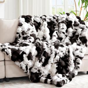 Ultra Plush Bubble Faux Rabbit Fur Blanket  950GSM Thick Fluffy Throw Blanket for Bed, Couch, Sofa, or Gift, 50"  60", Black Cow