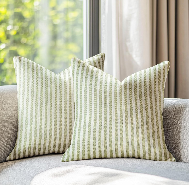 jinchan Striped Pillow Covers Farmhouse Boho Linen Ticking Stripe Pattern Cushion Covers Bohemian Pinstripe Pillowcases for Sofa Couch Bed Living Room 20x20 Inch Sage Green Pack of 2