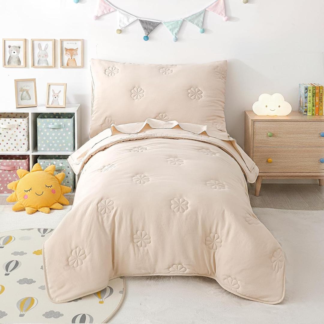 4-Piece Toddler Bedding Sets for Girls Boys, Soft Microfiber Floral Embroidery Toddler Bed Comforter Bed-in-a-Bag Includes Comforter, Flat Sheet, Fitted Sheet, Envelope Pillowcase, Beige