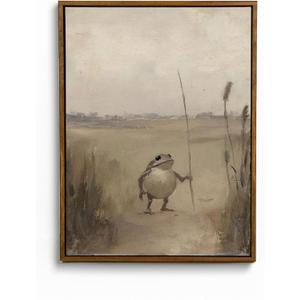 Framed Whimsical Frog Traveler Wall Art Vintage Cottagecore Painting Animal Canvas Poster Funny Animal Picture Print Moody Nature Wall Decor For Home Bedroom Office Ready To Hang