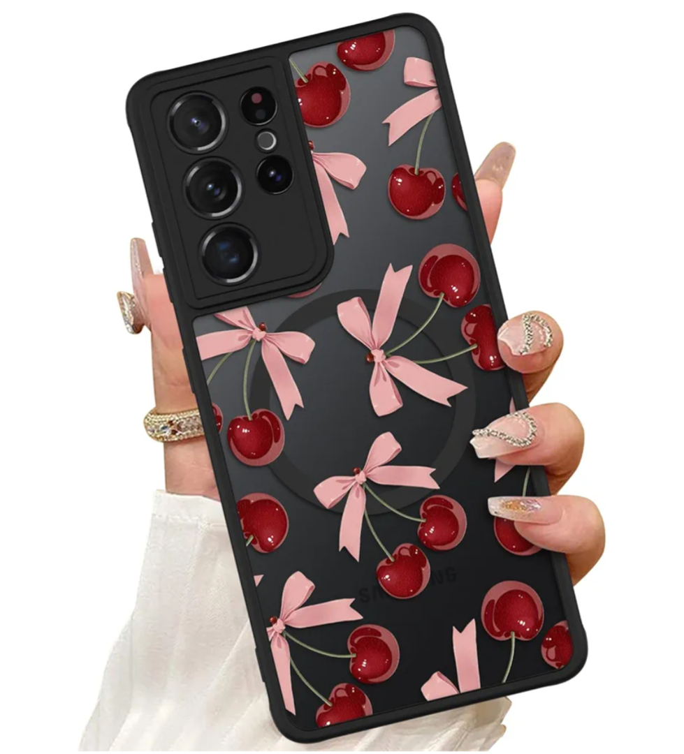 ZIYE Magnetic Case for Samsung Galaxy S21 Ultra 6.8 Inch [Compatible with MagSafe] Hard PC and Soft TPU Case with Cherry Pink Bows Anti-Scratch Shockproof Protection Phone Cover for Women