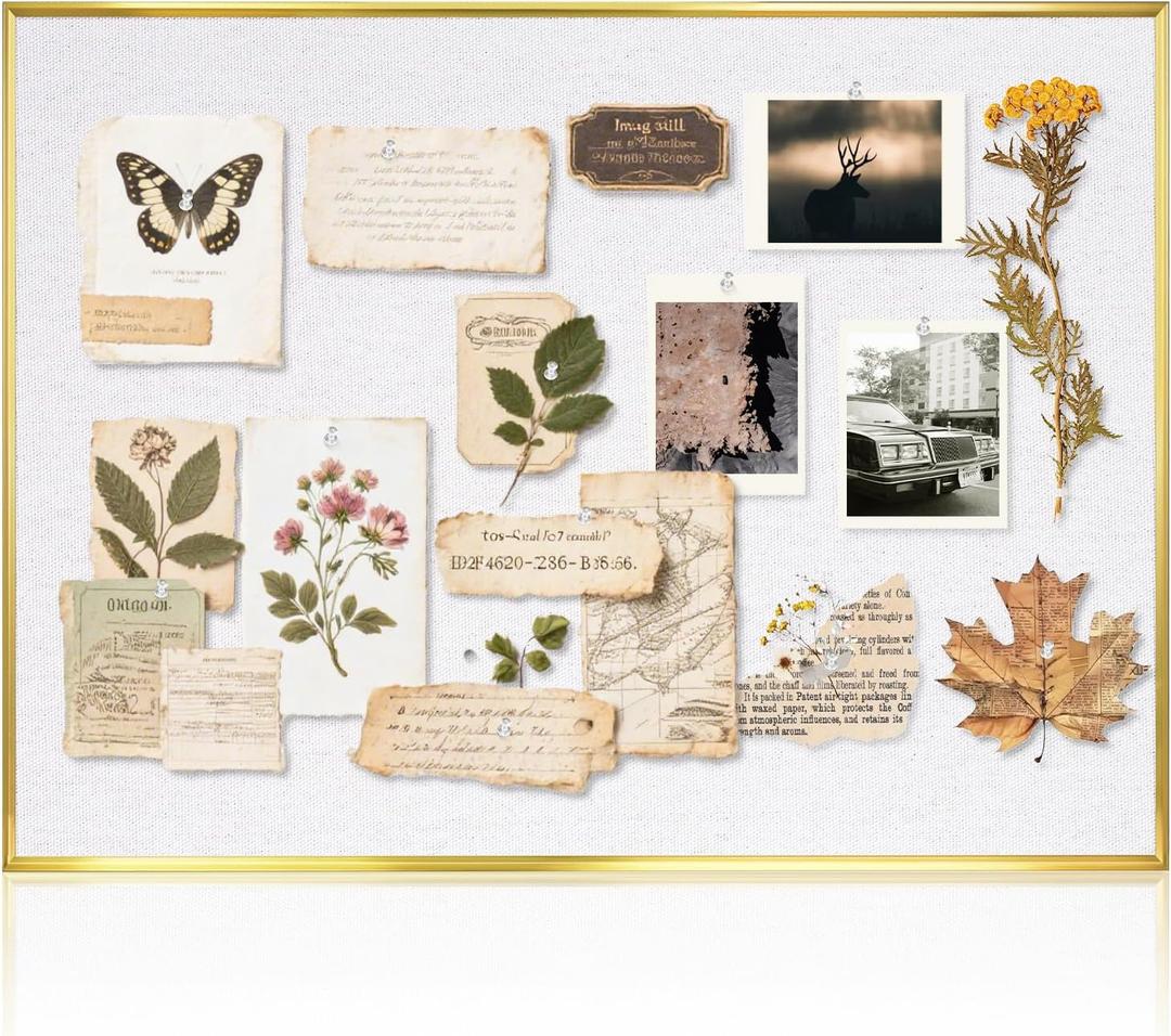 Bulletin Board with White Linen, 24"x18", Cork Boards for Walls with Gold Aluminum Frame, Hanging Pin Board Vision Board for Home Office Kitchen Room Decor, 10 Push Pins