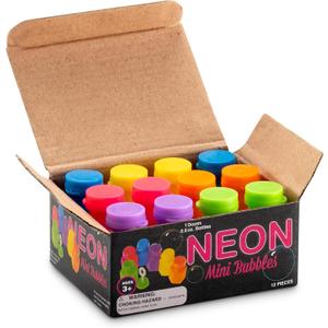Mini Neon Party Bubbles for Kids - (Pack of 12) Bulk Wands and Bottles for Blowing Bubbles, Birthday Party Favors, Toy Gift, Outdoor Toys, Carnival Prizes, and Goody Bag Stuffers