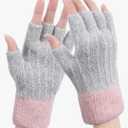 Women Winter Fingerless Gloves Pink Gray Warm Knitted Half Finger Mittens Fleece Lined Thermal Fingerless Gloves for Cold Weather Typing Driving Working