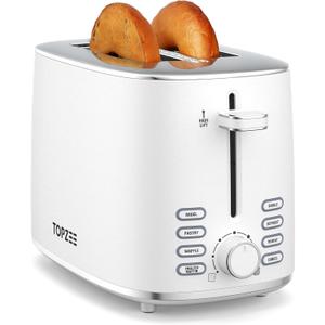 Topzee Toaster 2 Slice, Wide Slot for Toasting Bagel Muffin Waffle Gluten Free Breads, 7 Shade Settings, Defrost & Reheat, Stainless Steel, Easy Clean, White